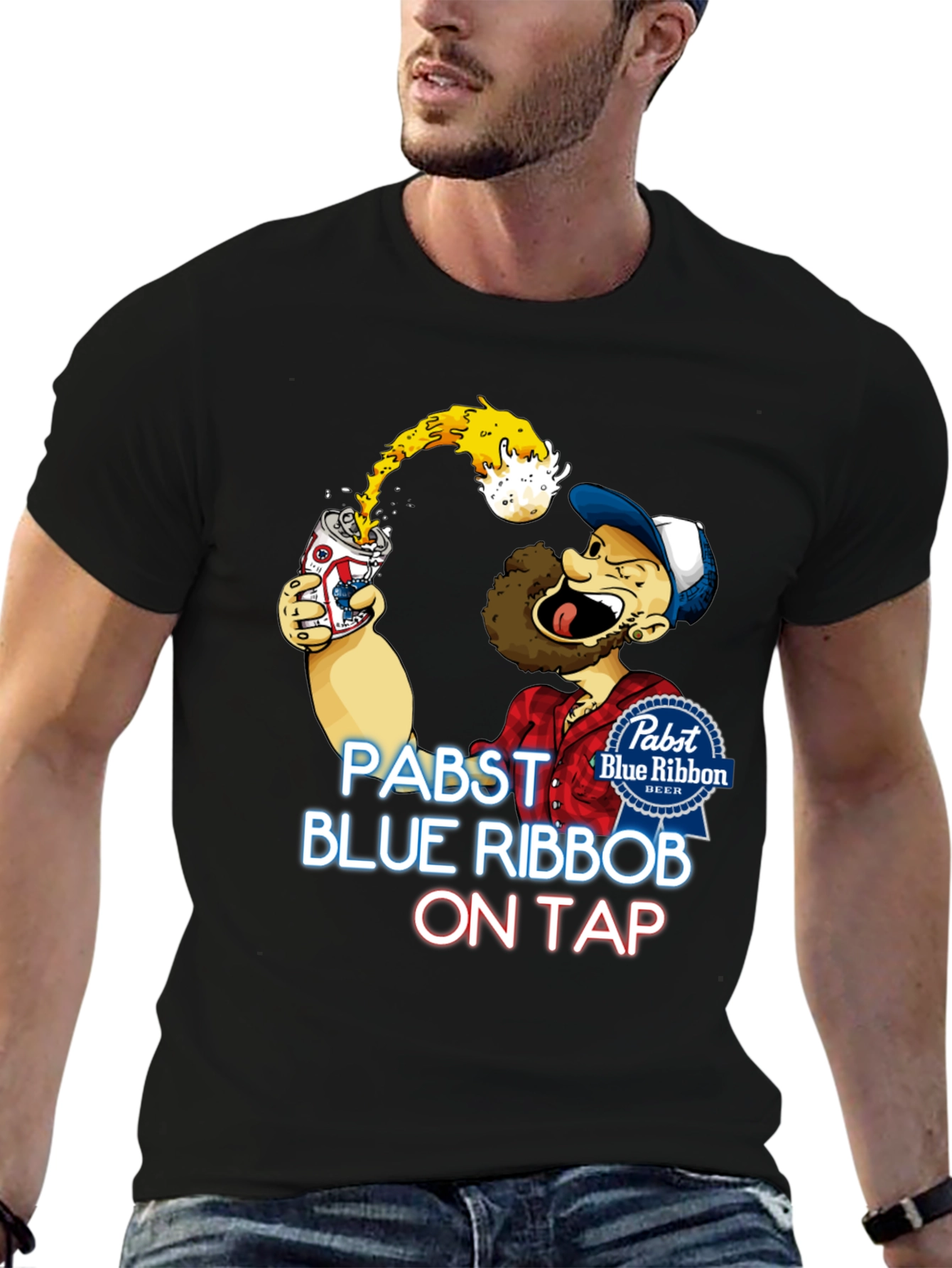 Pabst Blue Ribbon Cartoon Graphic T-Shirt