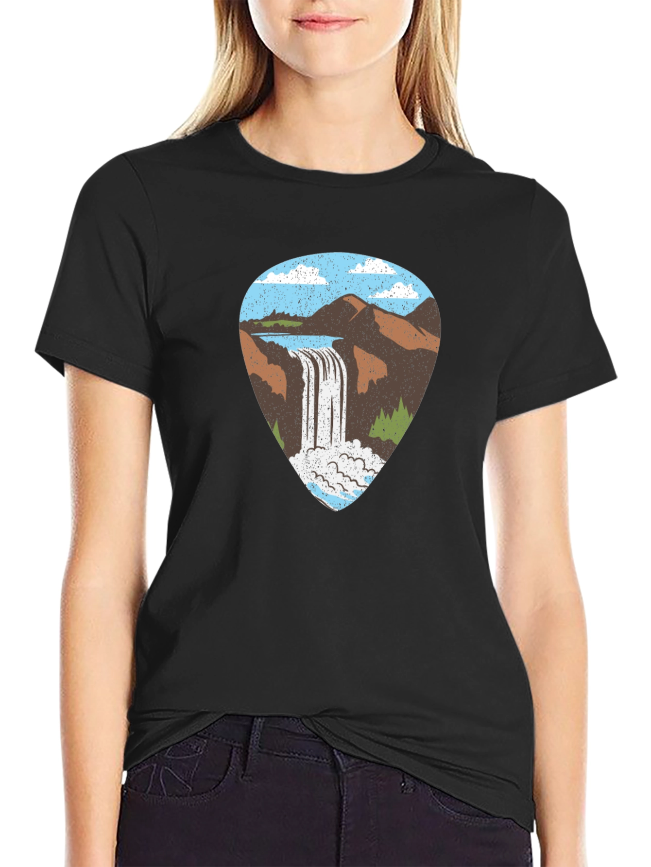 Waterfall Graphic Tee - Black Cotton T-Shirt