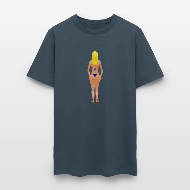 Young lady (light skin, blue bikini, blonde hair)