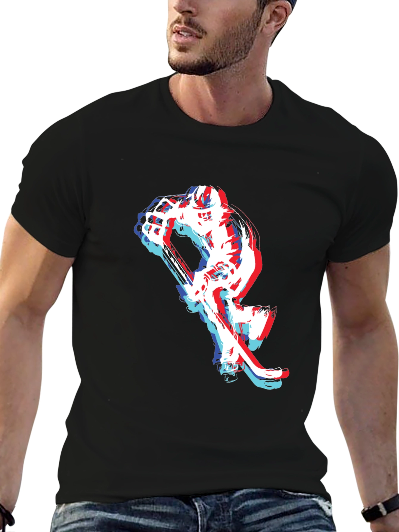 Hockey Player Graphic Tee - Black Cotton Blend