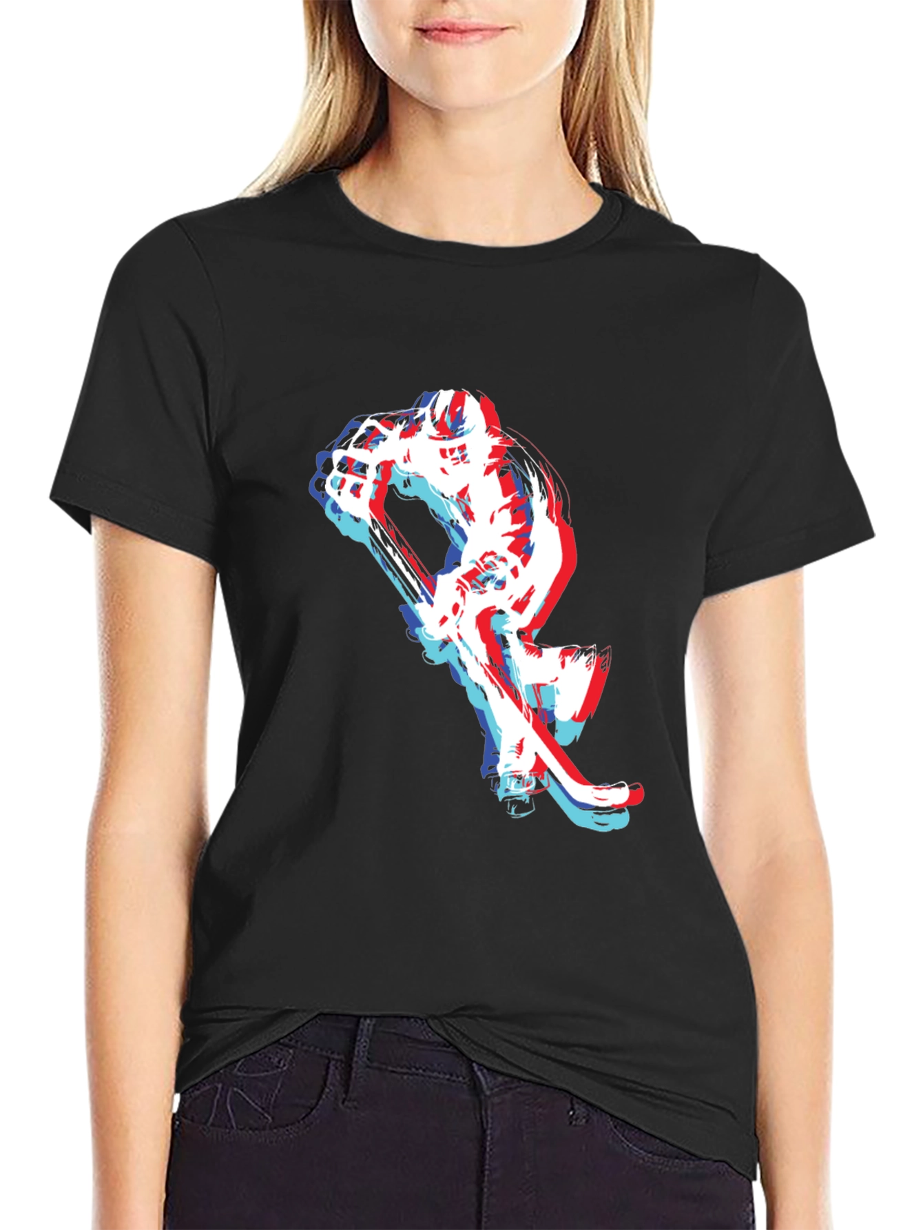Hockey Player Graphic Tee - Black Cotton Blend
