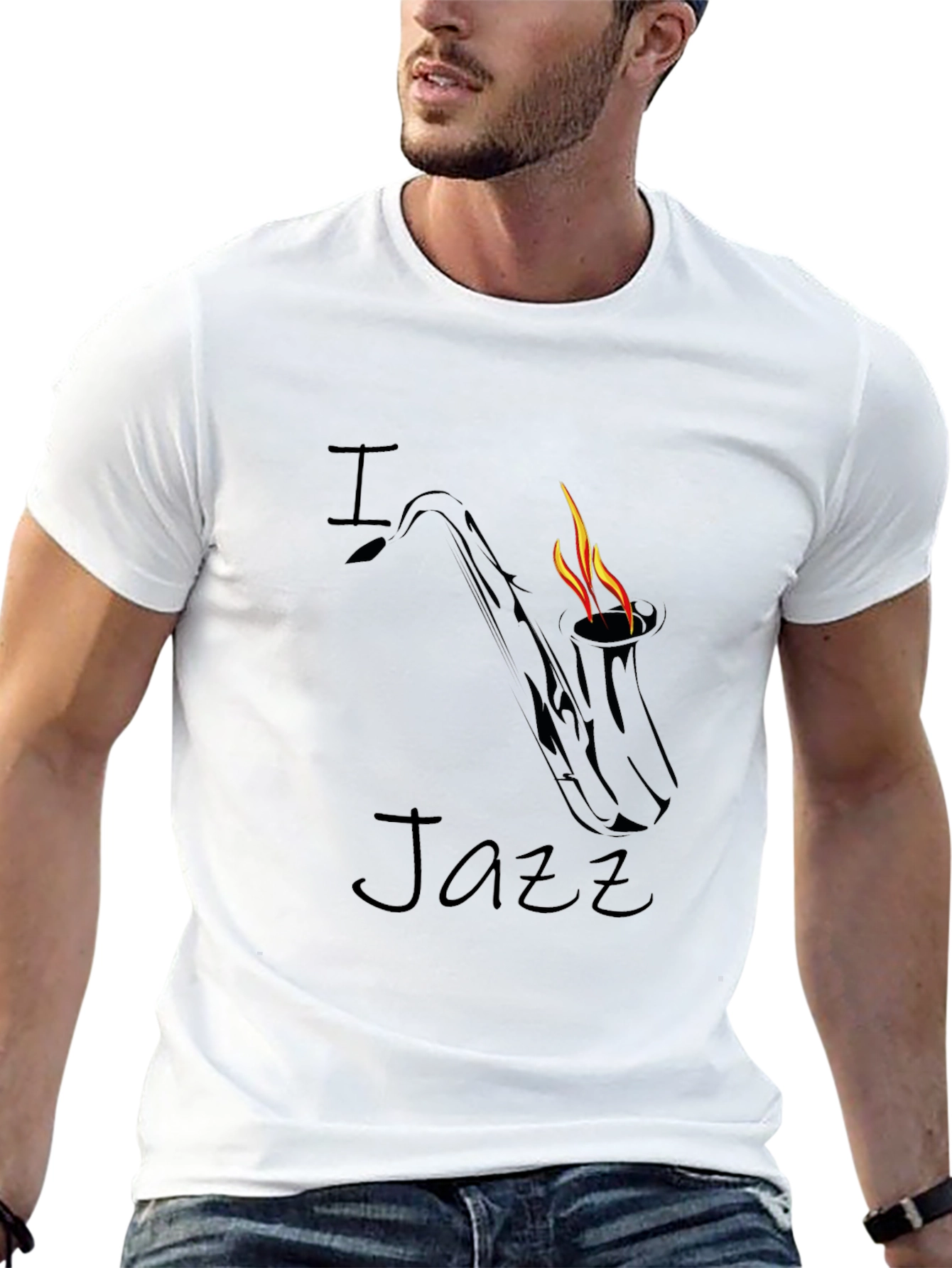 I Love Jazz Saxophone Flame Graphic Black T-Shirt