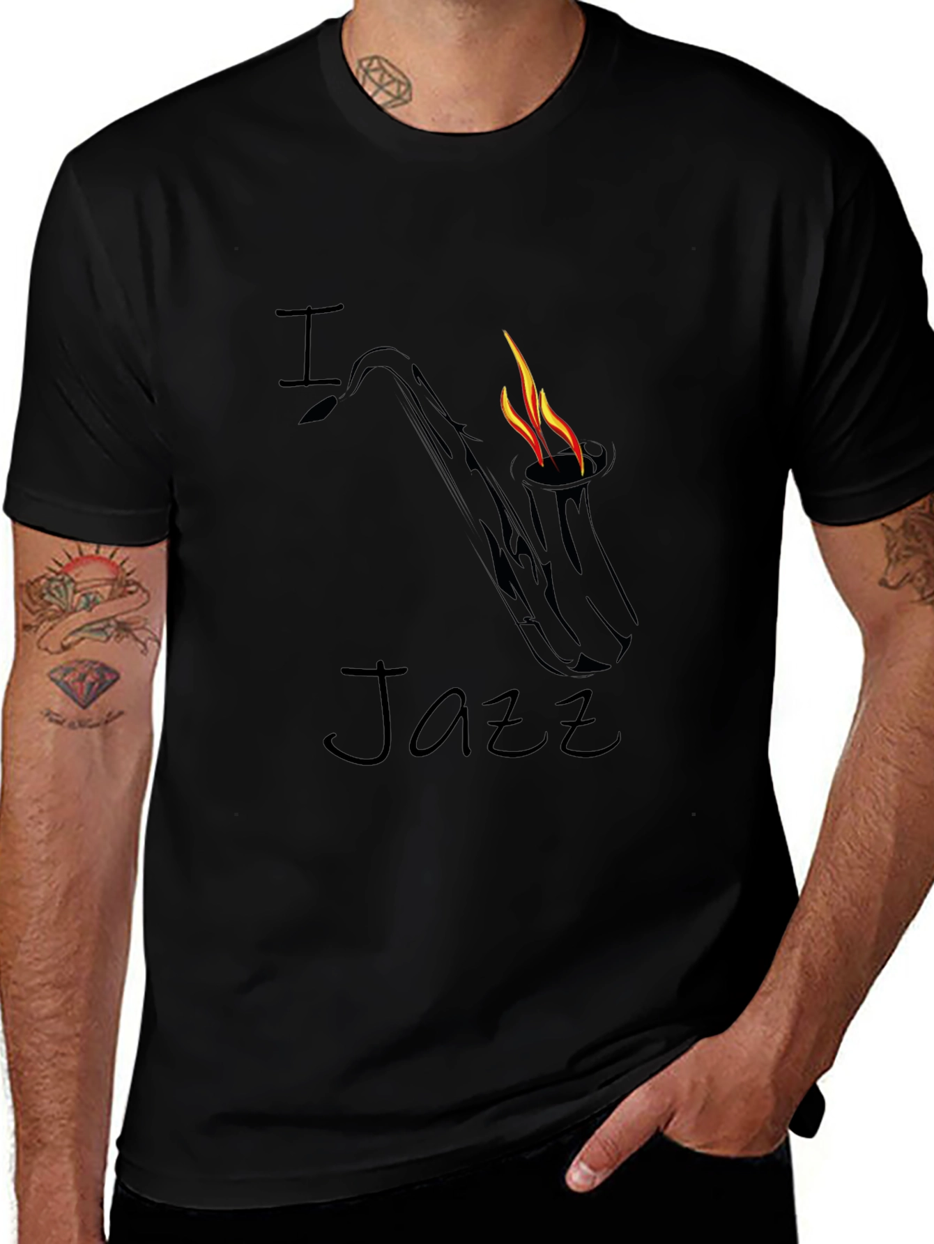 I Love Jazz Saxophone Flame Graphic Black T-Shirt