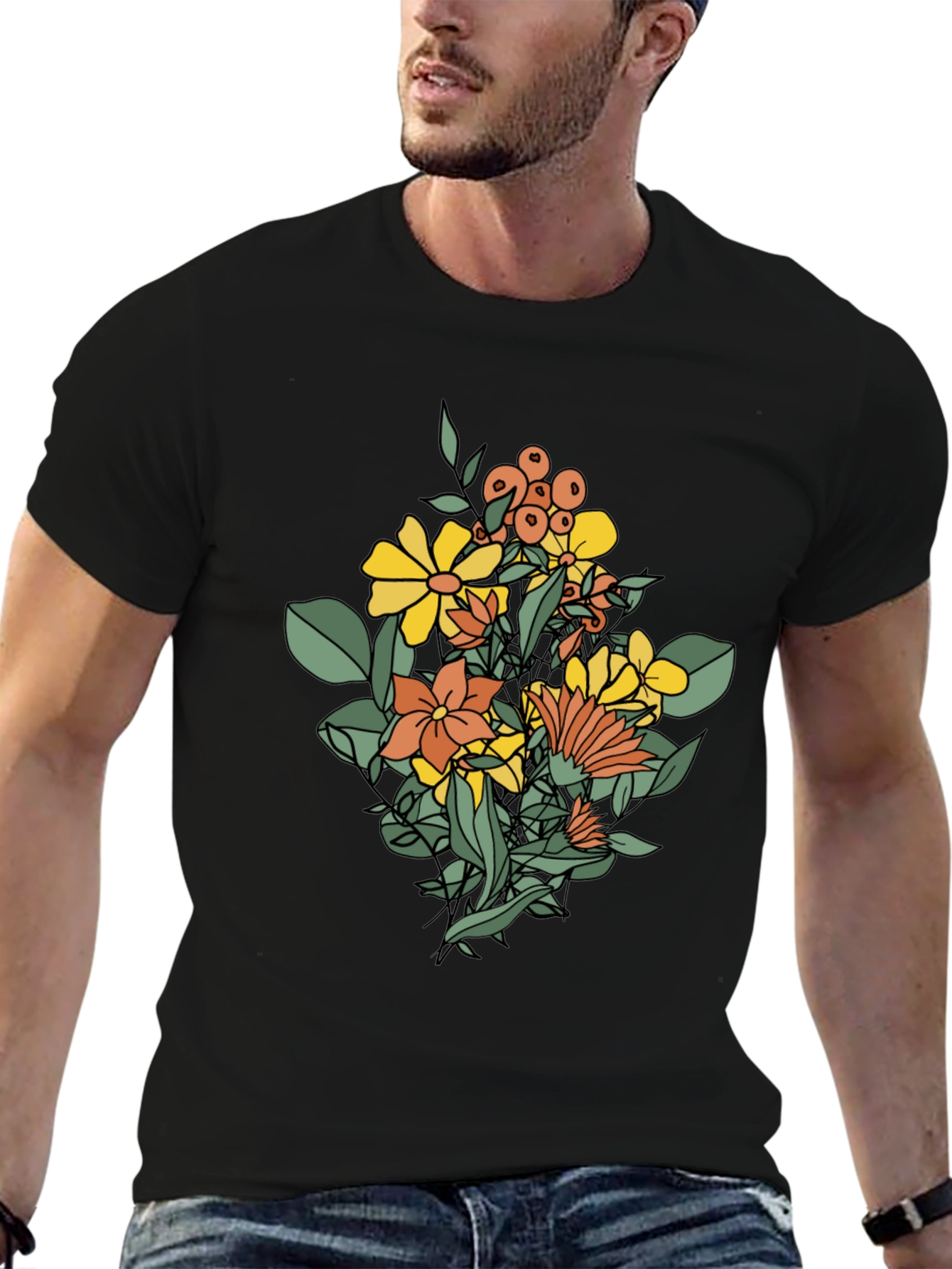 Floral Graphic Print Black T-Shirt
