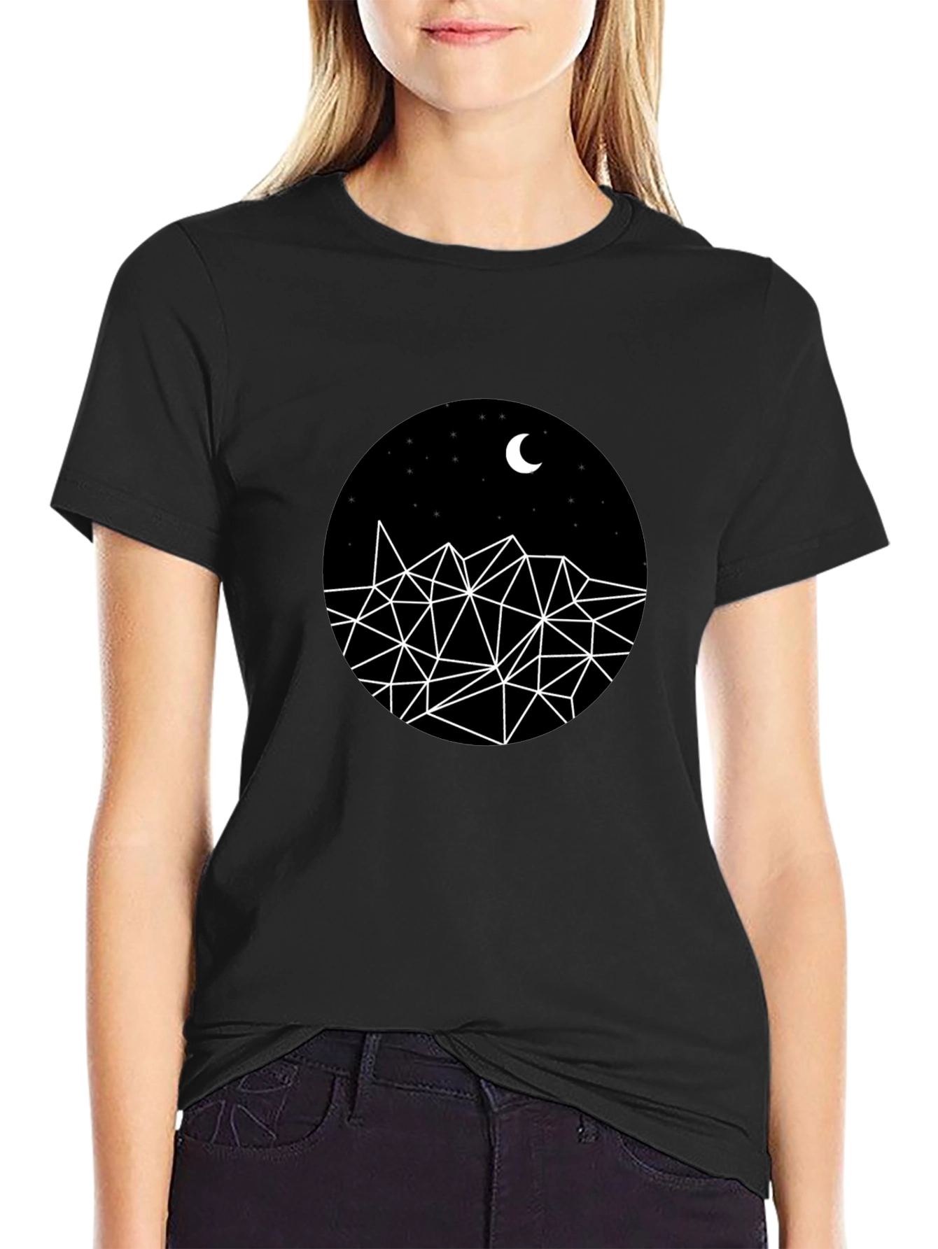 Geometric Mountain & Moon Graphic Black T-Shirt