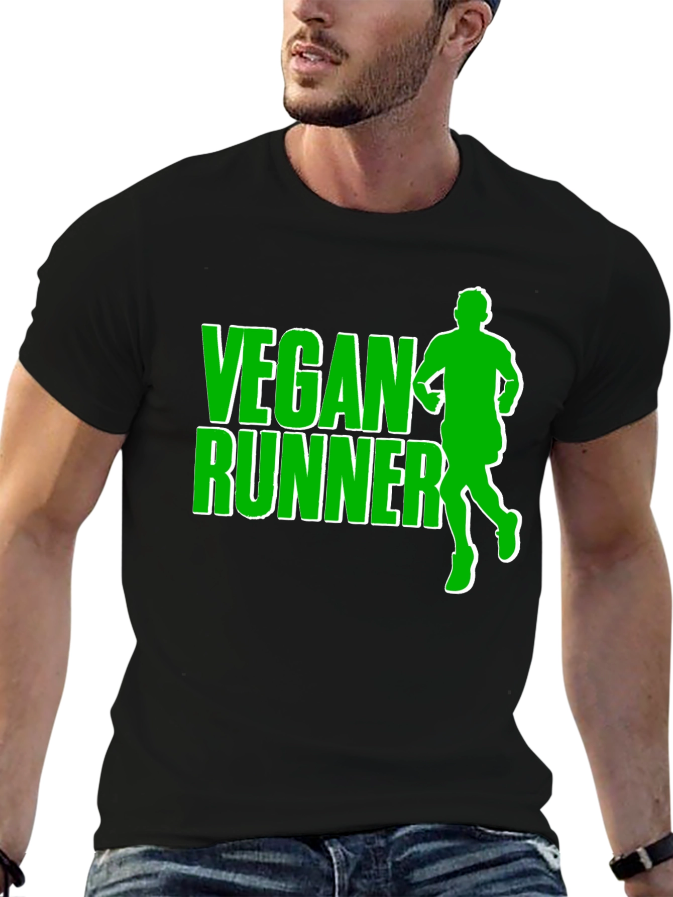 Vegan Runner T-Shirt: Black Tee with Green Graphic