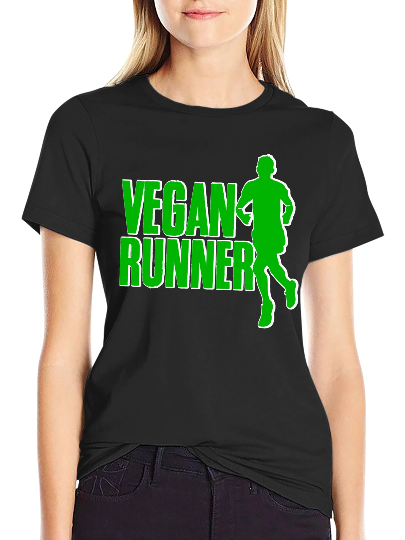 Vegan Runner T-Shirt: Black Tee with Green Graphic