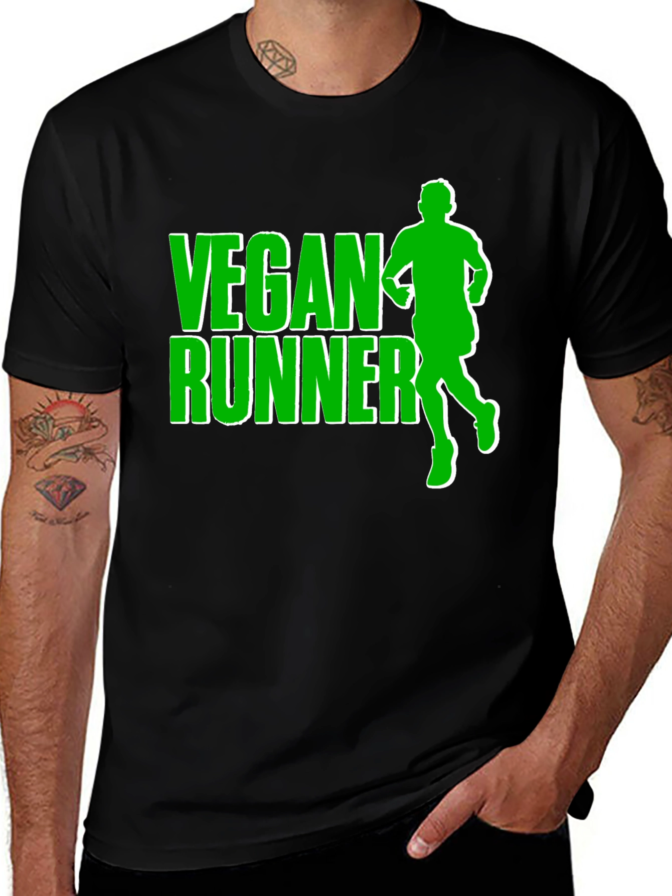 Vegan Runner T-Shirt: Black Tee with Green Graphic