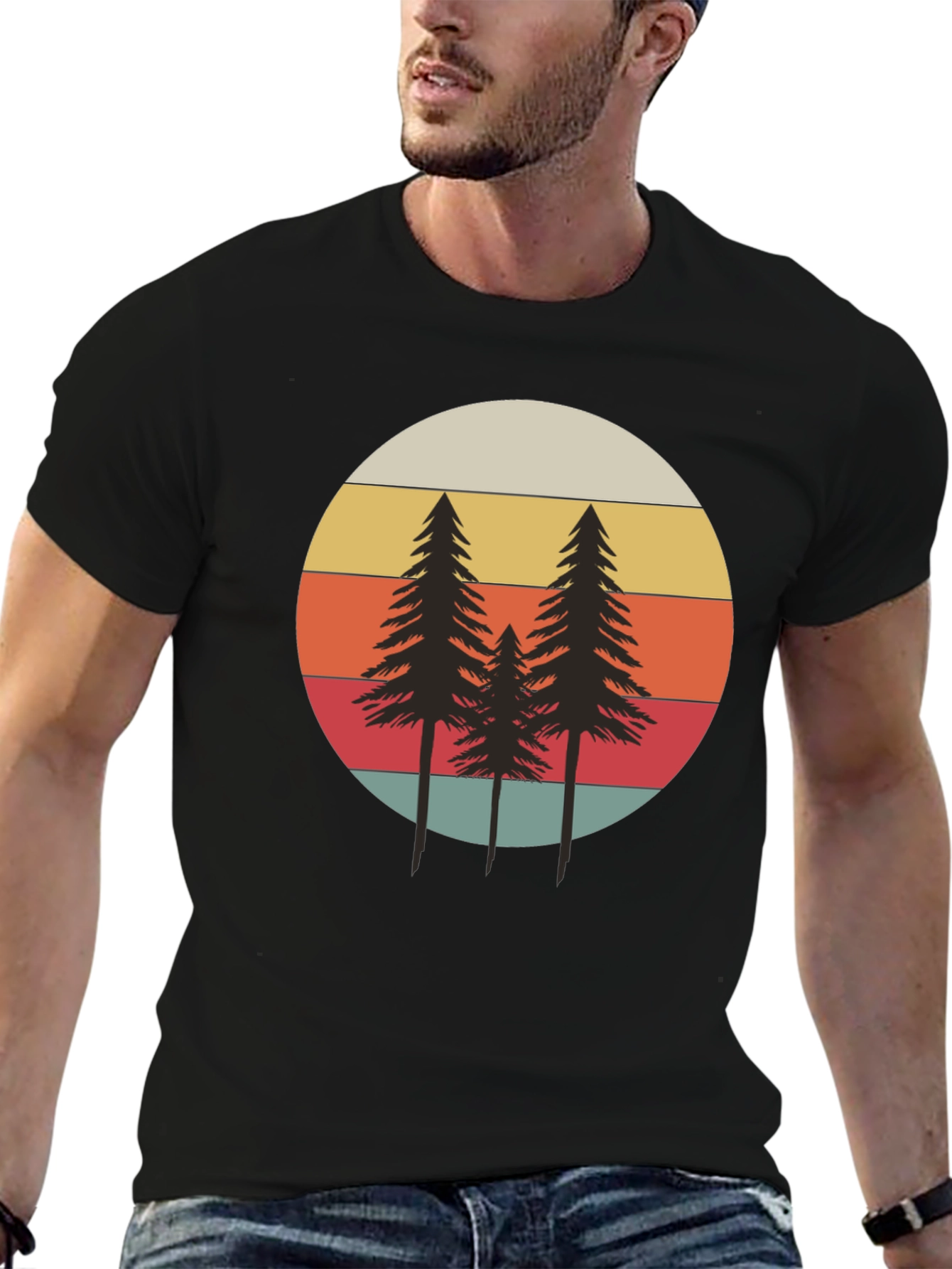 Retro Sunset Pine Tree Graphic Tee - Black