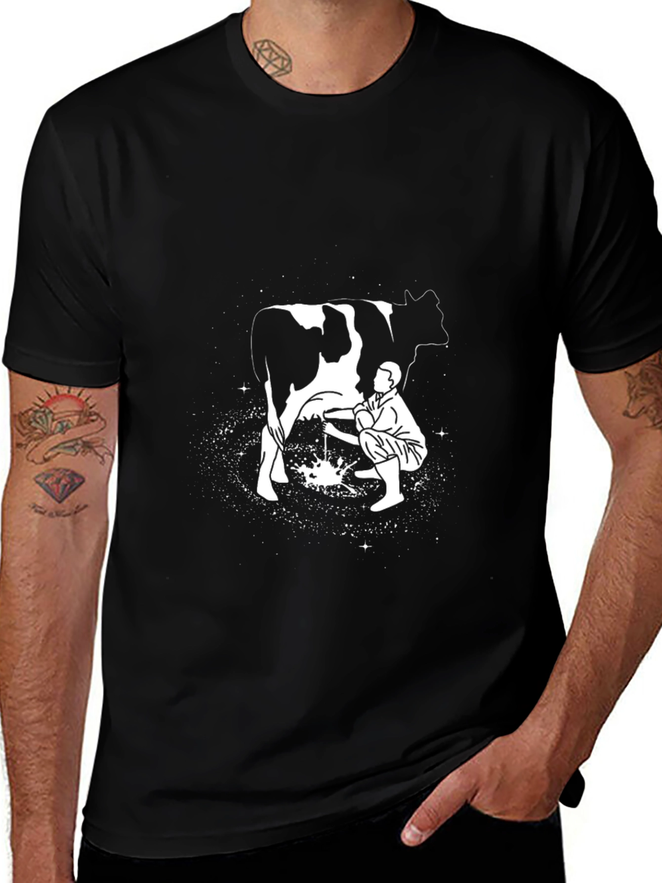 Man Milking Cow Graphic Tee - Black
