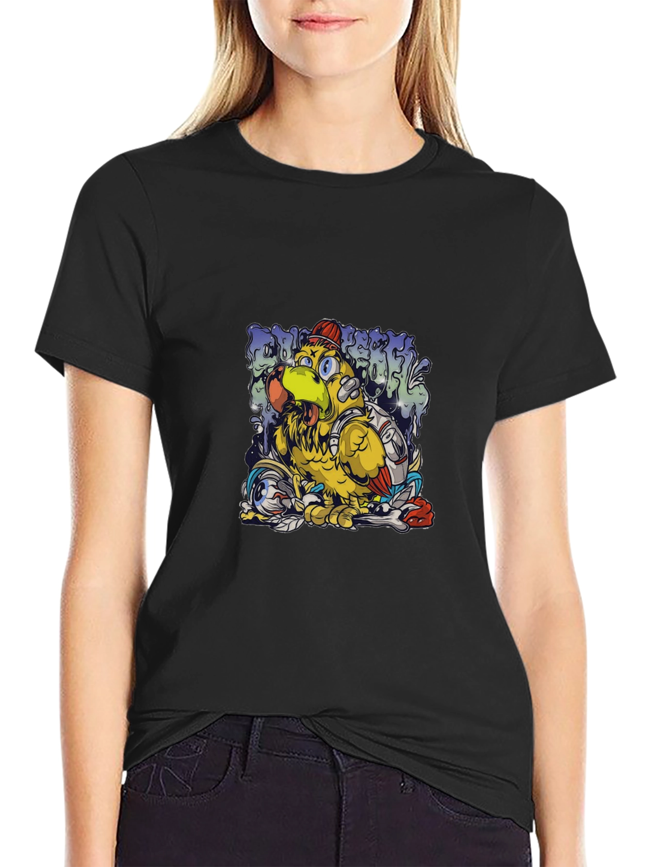 Cool Cartoon Bird Graphic Black T-Shirt