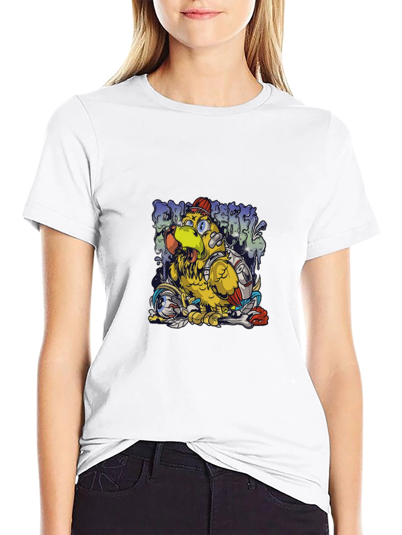 Cool Cartoon Bird Graphic Black T-Shirt