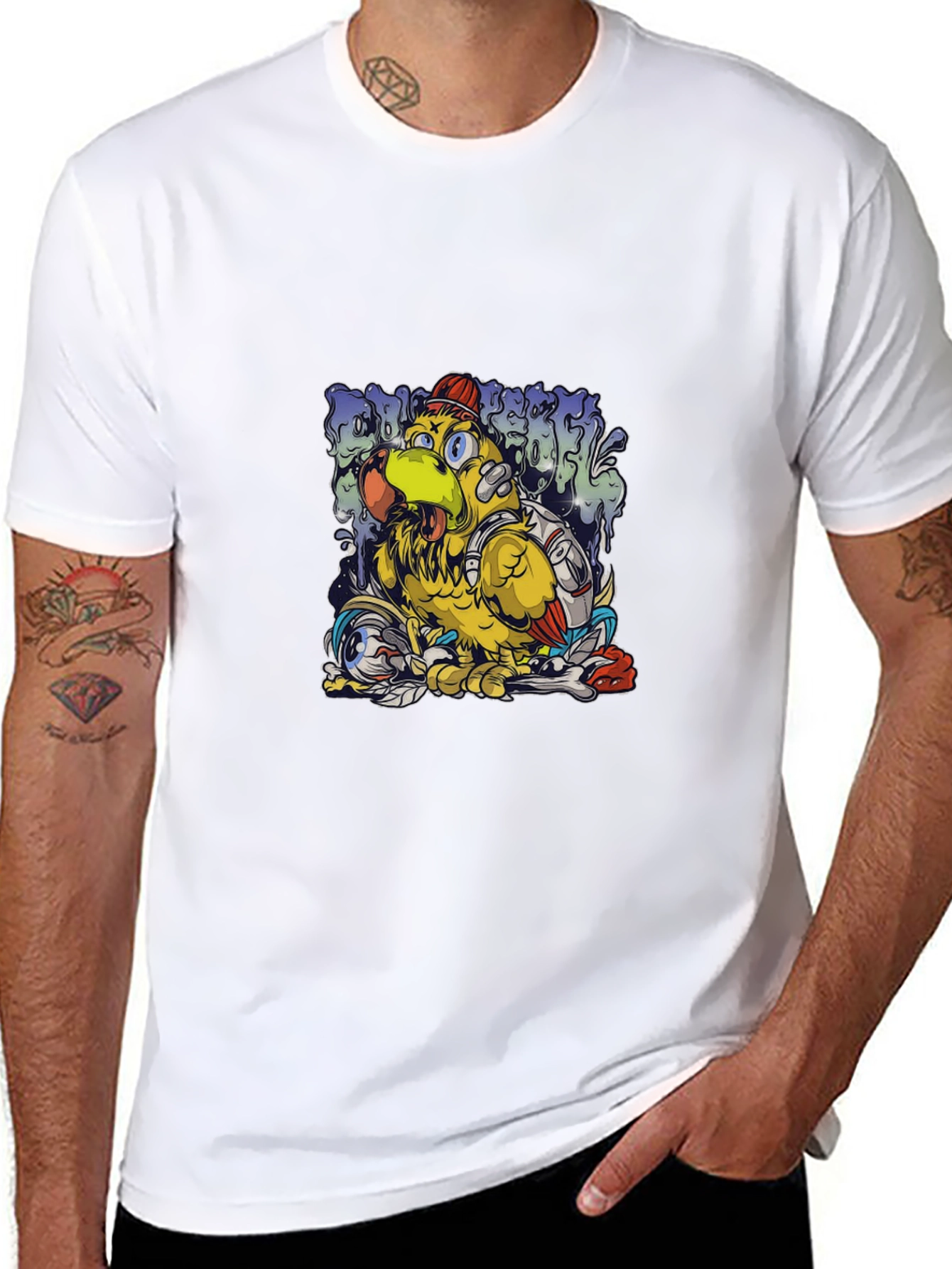 Cool Cartoon Bird Graphic Black T-Shirt