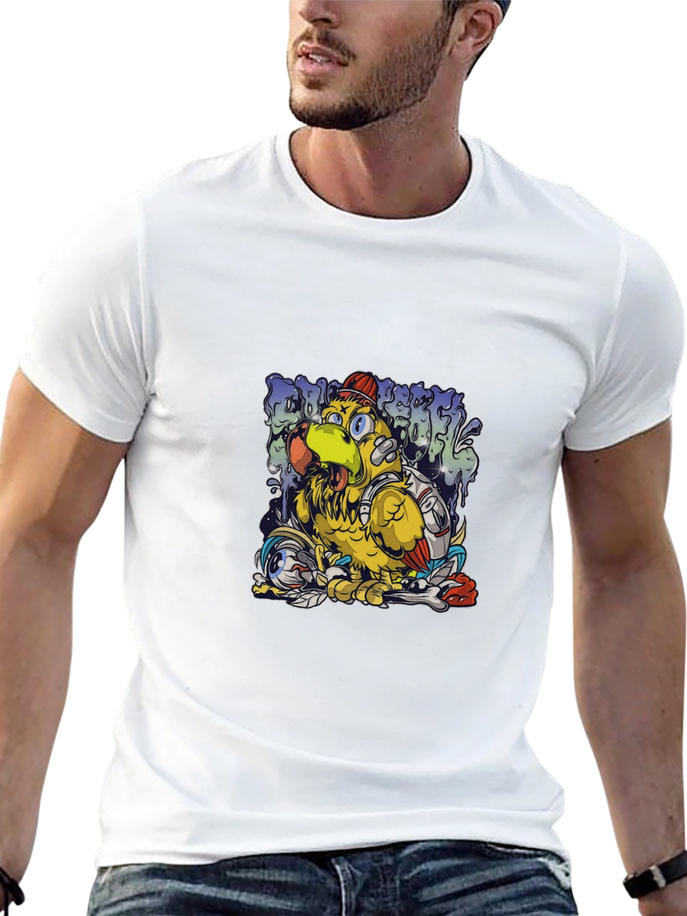 Cool Cartoon Bird Graphic Black T-Shirt
