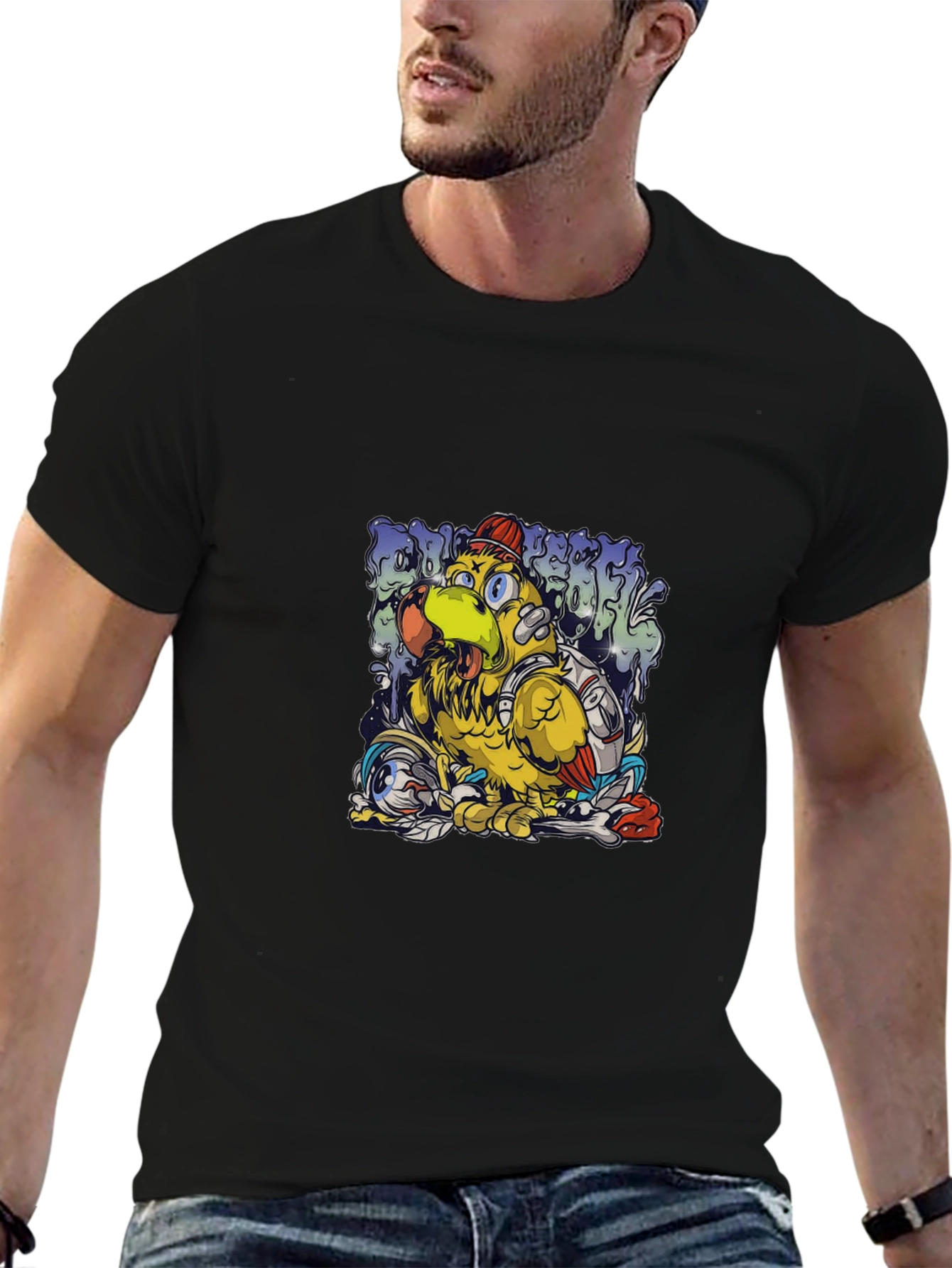 Cool Cartoon Bird Graphic Black T-Shirt