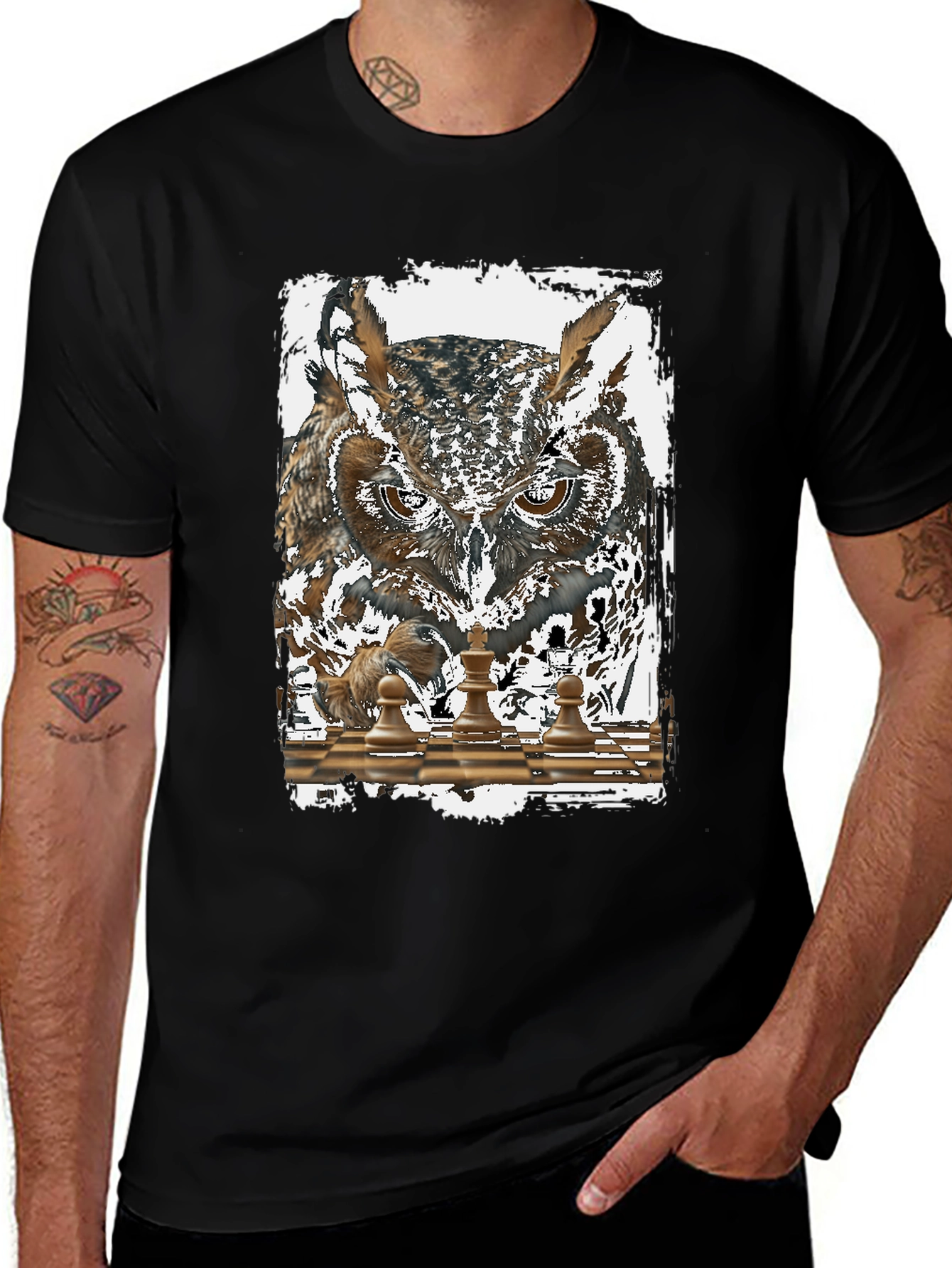 Owl Chess Graphic T-Shirt - Mens Black Tee