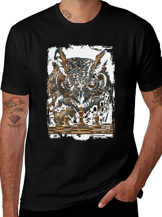 Owl Chess Graphic T-Shirt - Mens Black Tee