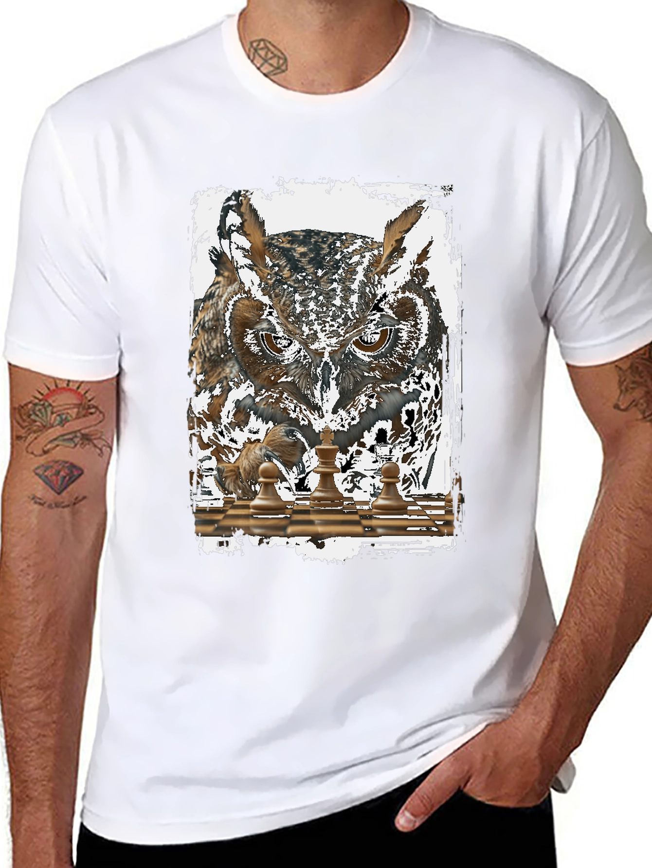 Owl Chess Graphic T-Shirt - Mens Black Tee