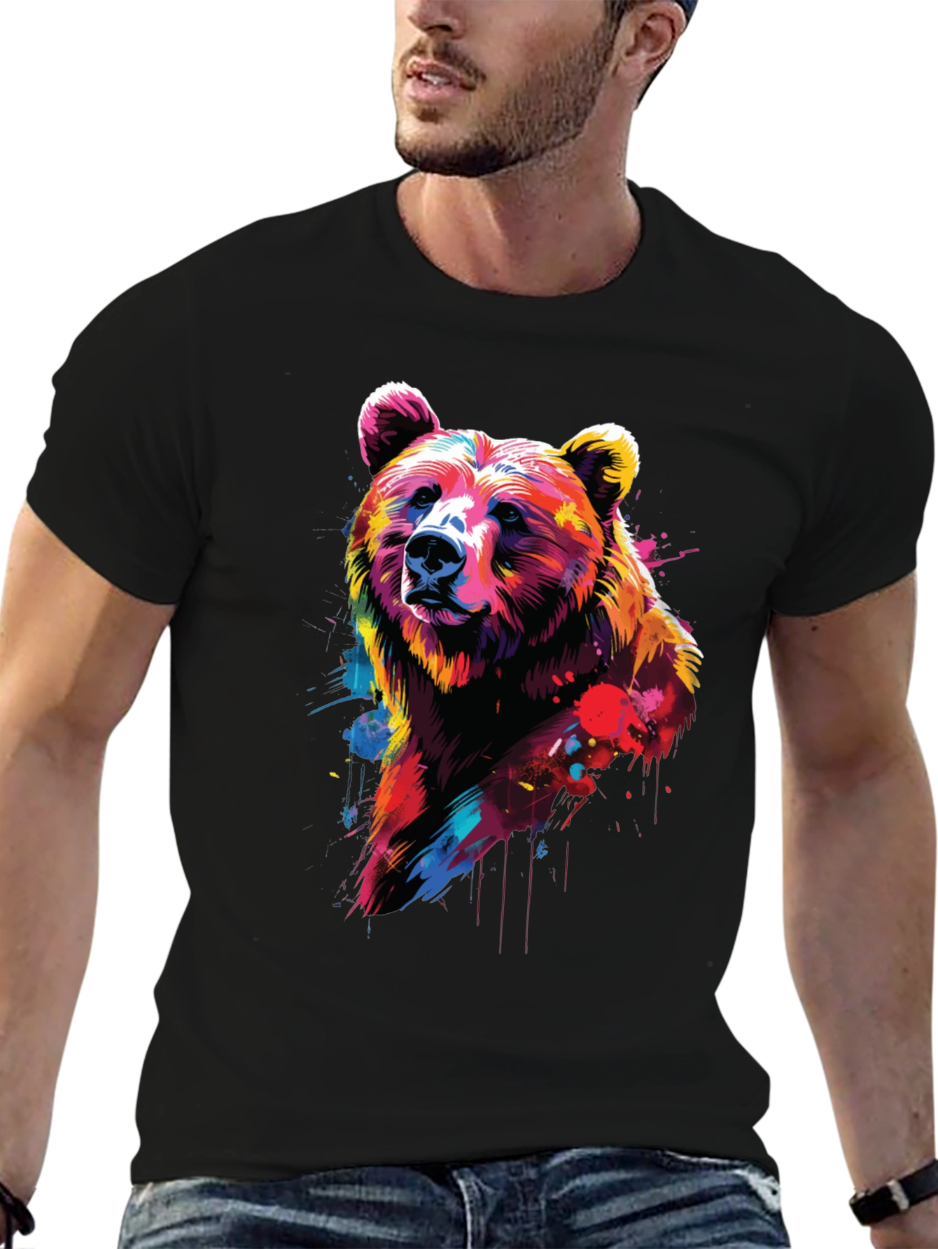 Vibrant Bear Graphic Black T-Shirt