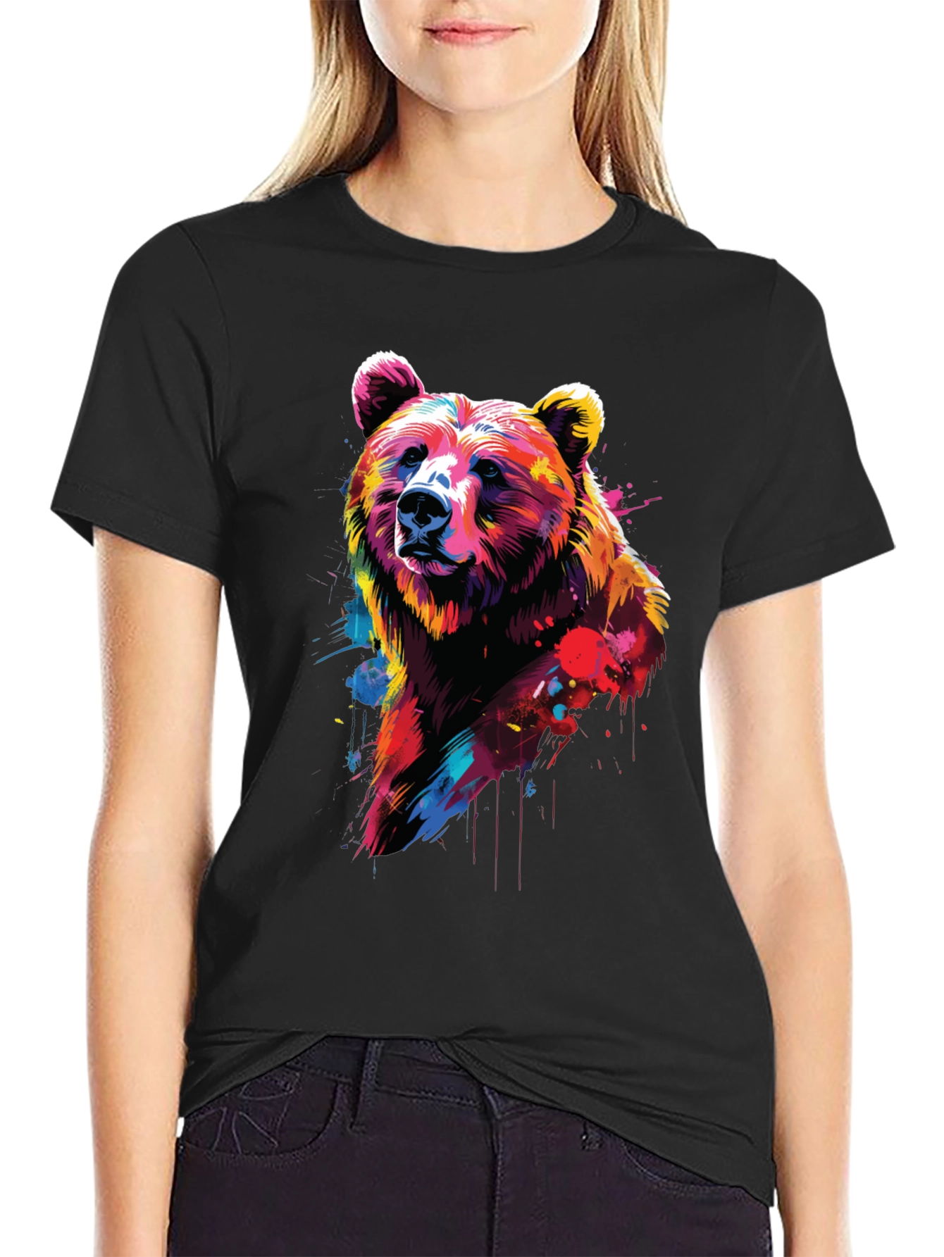 Vibrant Bear Graphic Black T-Shirt