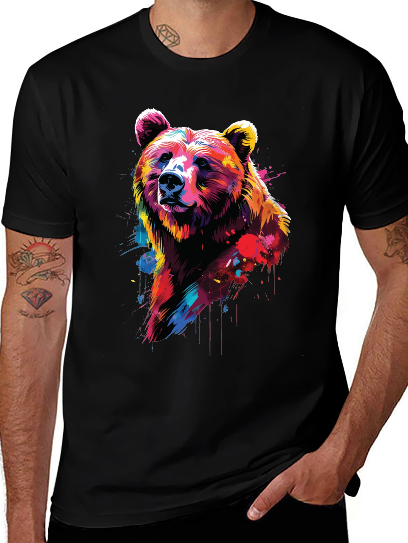 Vibrant Bear Graphic Black T-Shirt